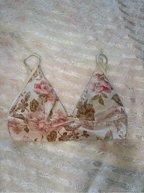 aerie Floral Triangle Bikini Top in Cream, Pink, Brown